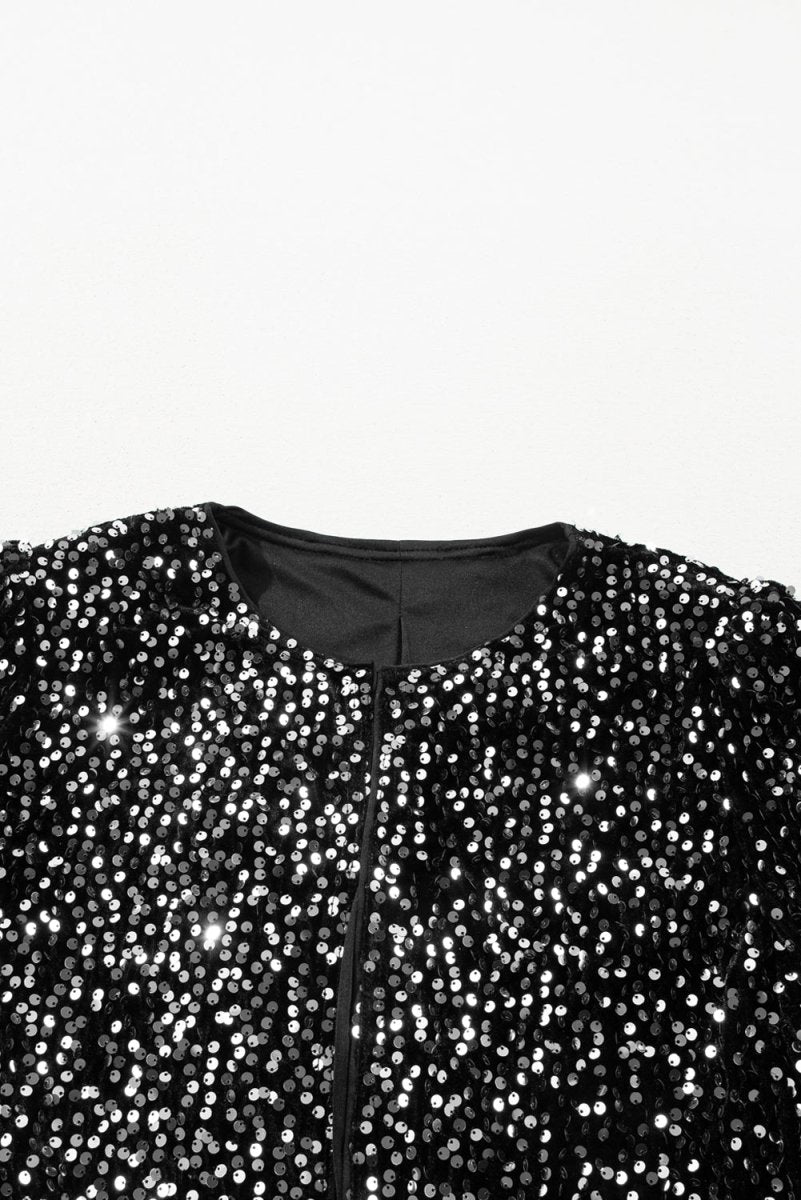 Black Elegant Sequins Cropped Jacket - Klazzi Fashion Boutique