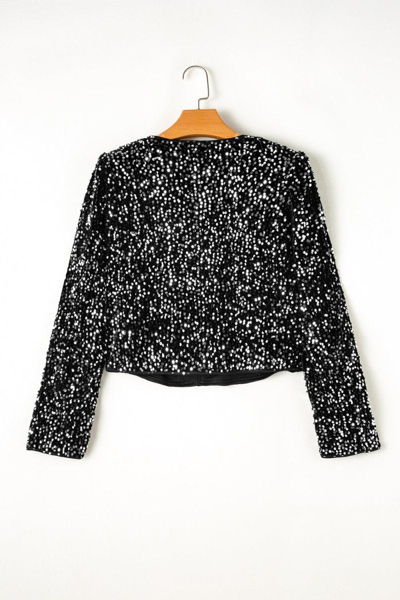 Black Elegant Sequins Cropped Jacket - Klazzi Fashion Boutique