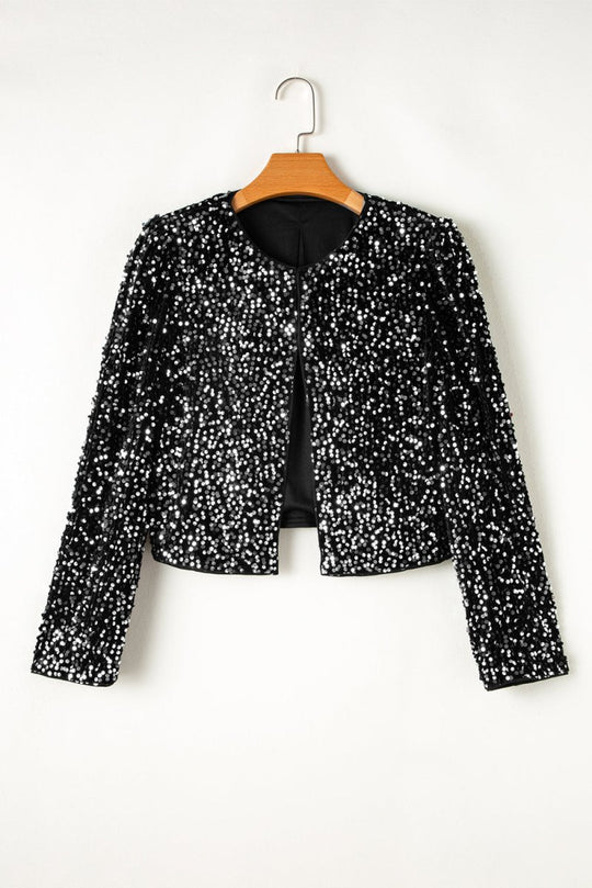 Black Elegant Sequins Cropped Jacket - Klazzi Fashion Boutique