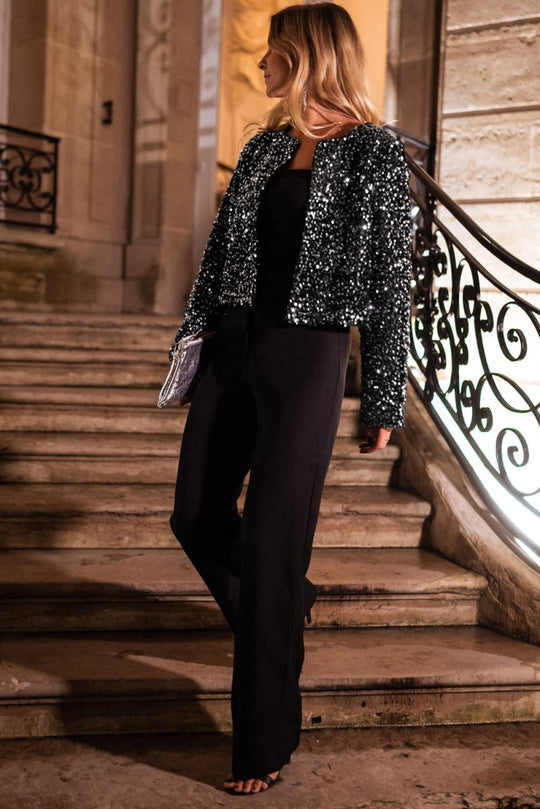 Black Elegant Sequins Cropped Jacket - Klazzi Fashion Boutique