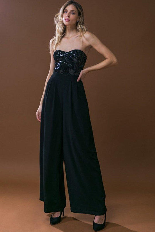 Black Elegant Strapless Sequin Wide Leg Jumpsuit - Klazzi Fashion Boutique