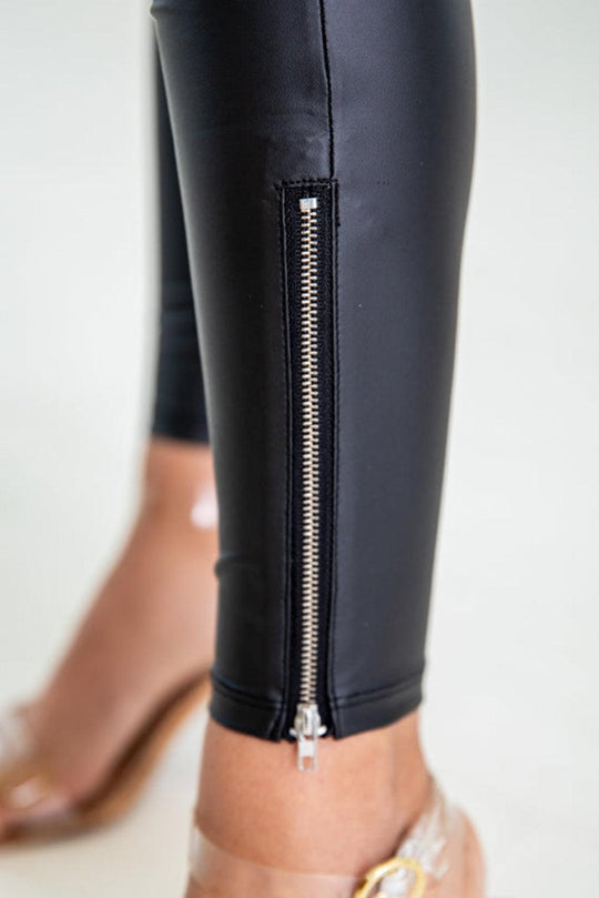 Black Faux Leather Zipped Detail Leggings - Klazzi Fashion Boutique