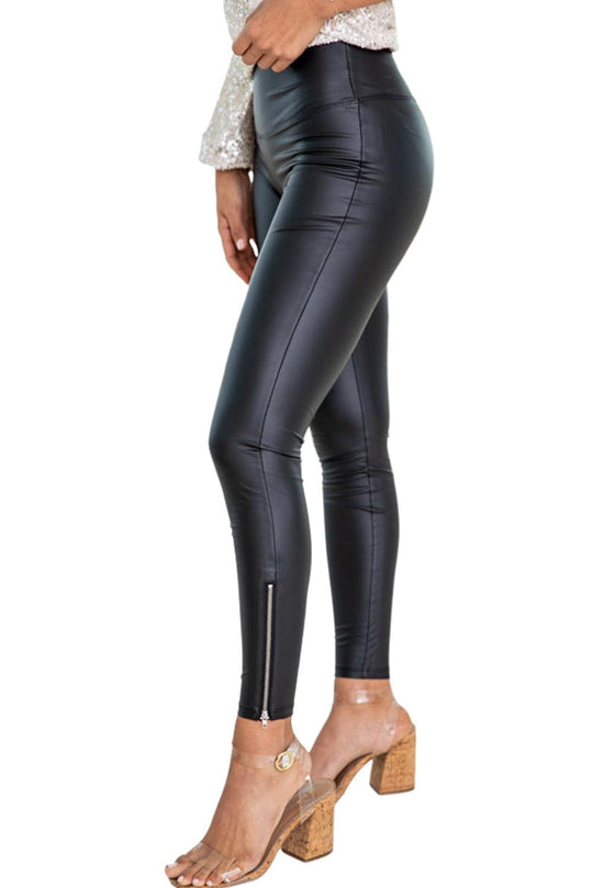 Black Faux Leather Zipped Detail Leggings - Klazzi Fashion Boutique