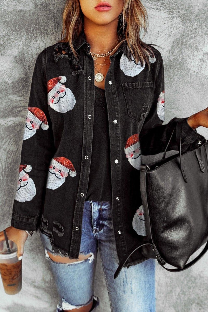 Black Frayed Sequined Santa Claus Graphic Denim Jacket - Klazzi Fashion Boutique