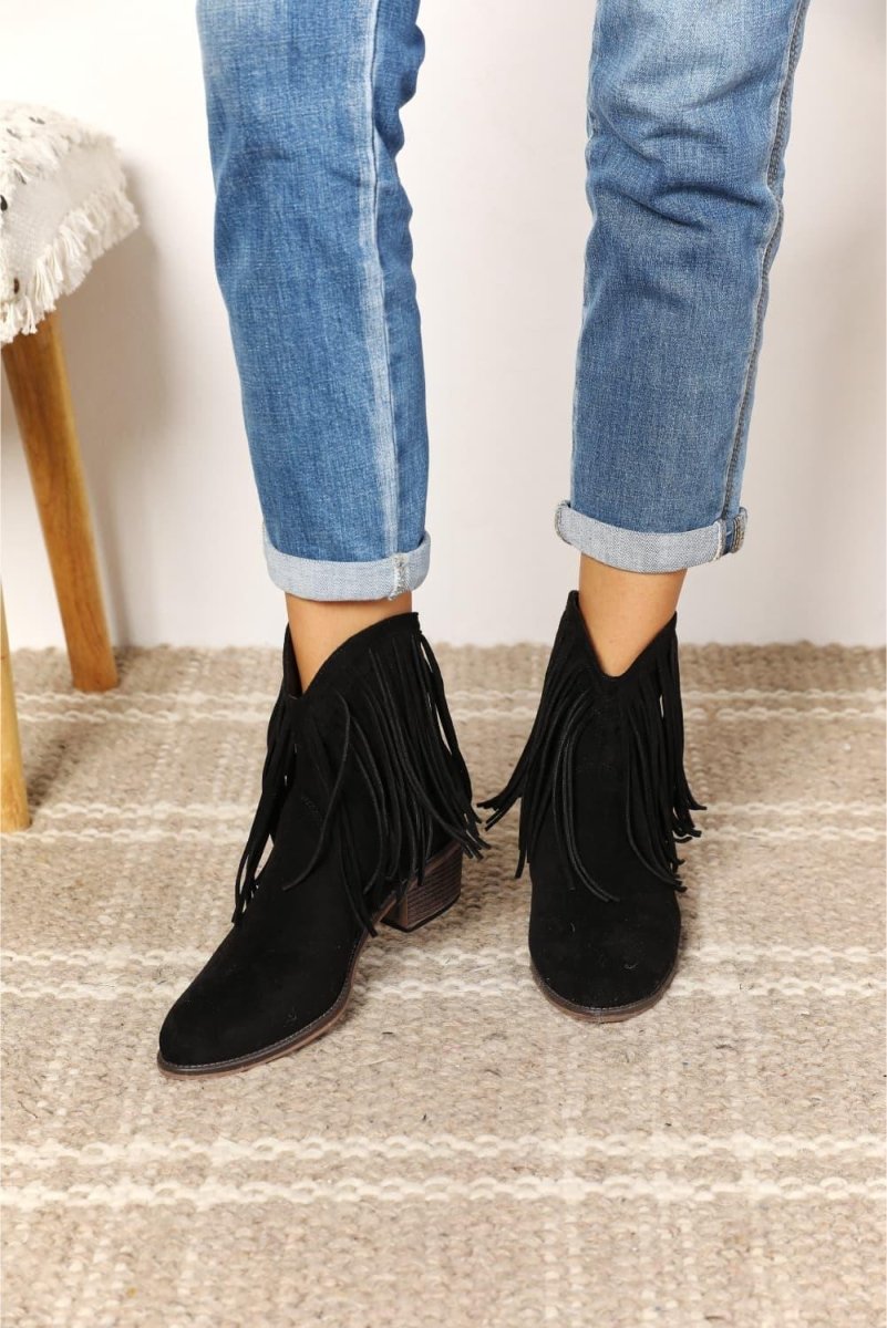 Black Fringy Cowgirl Western Ankle Boots - Klazzi Fashion Boutique