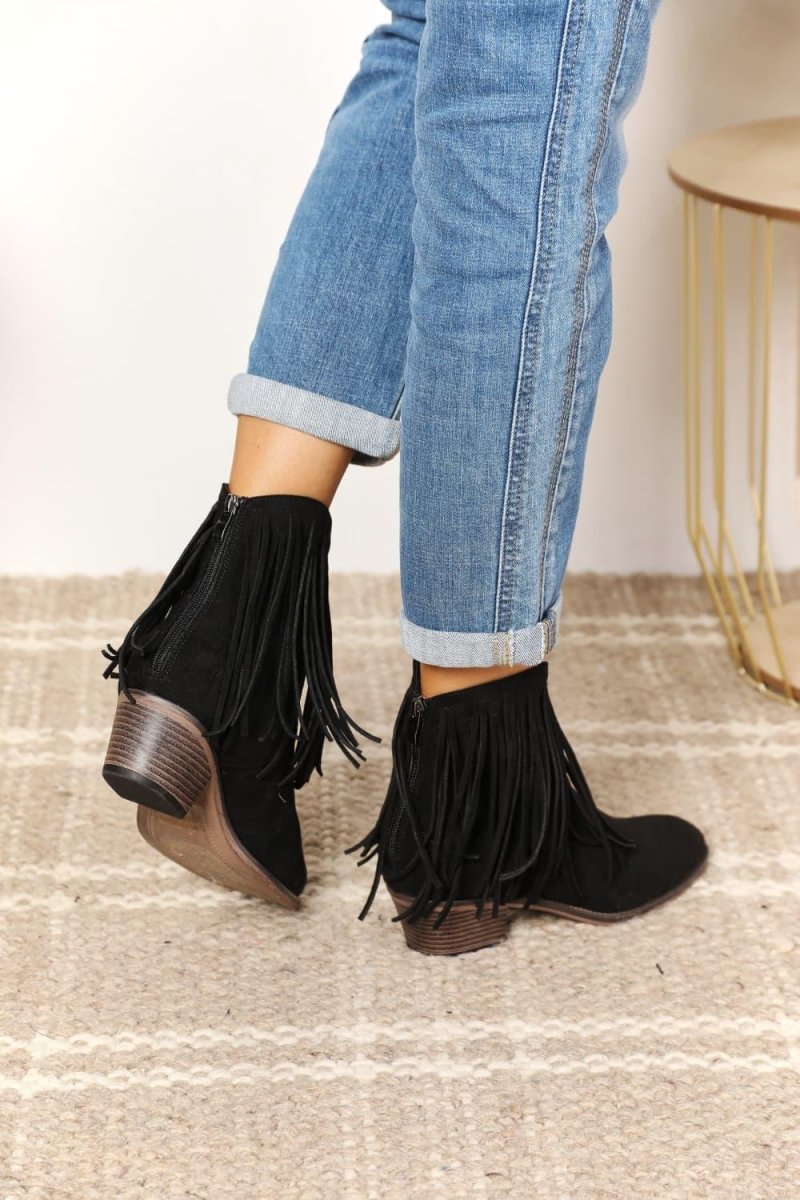 Black Fringy Cowgirl Western Ankle Boots - Klazzi Fashion Boutique