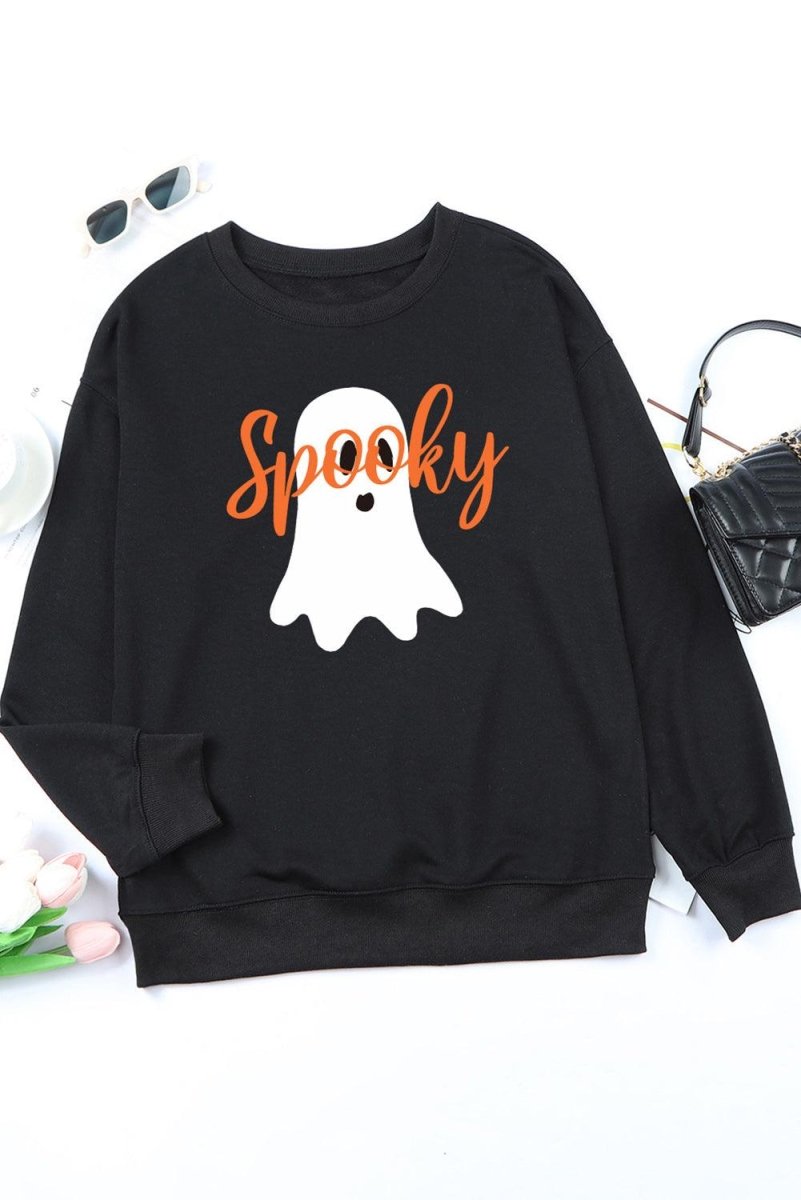 Black Halloween "Spooky" Ghost Sweatshirt - Klazzi Fashion Boutique