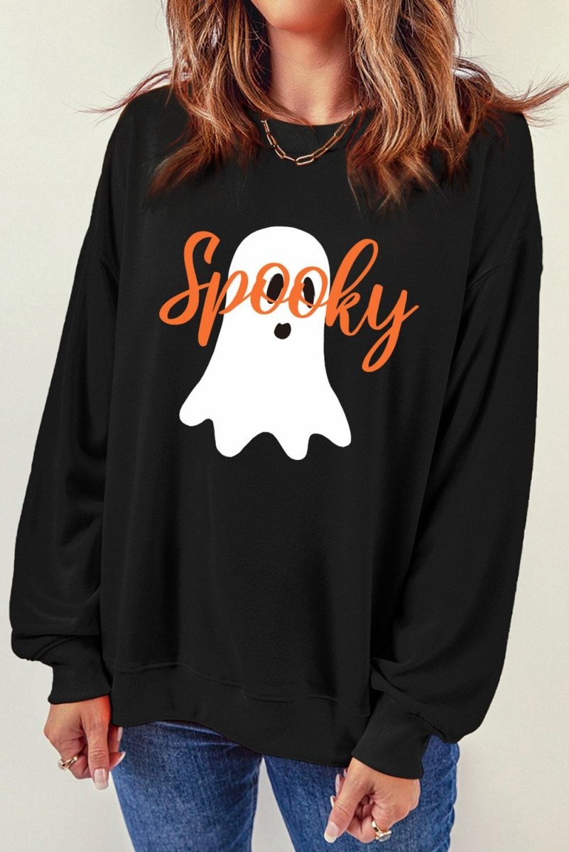 Black Halloween "Spooky" Ghost Sweatshirt - Klazzi Fashion Boutique