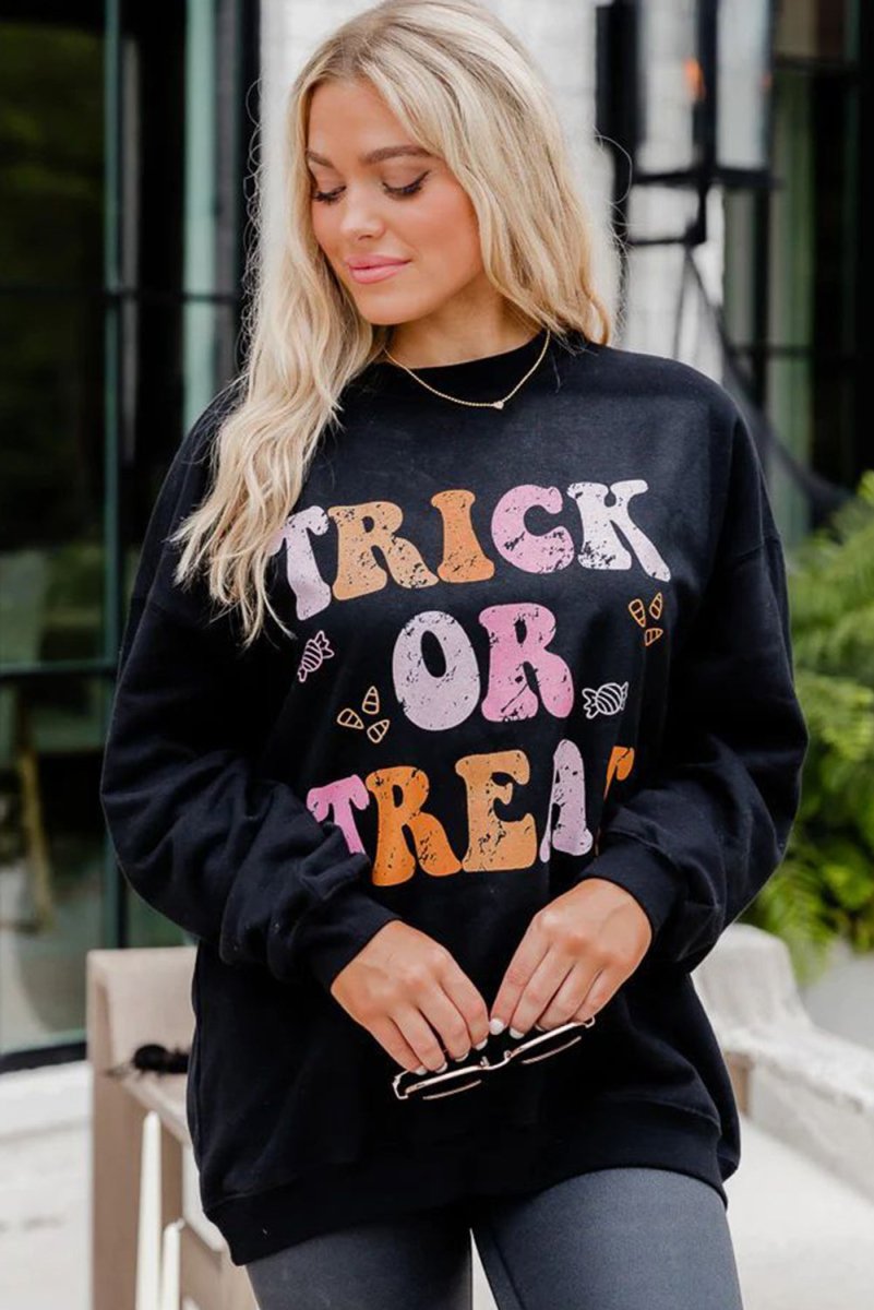 Black Halloween "TRICK OR TREAT" Graphic Sweatshirt - Klazzi Fashion Boutique