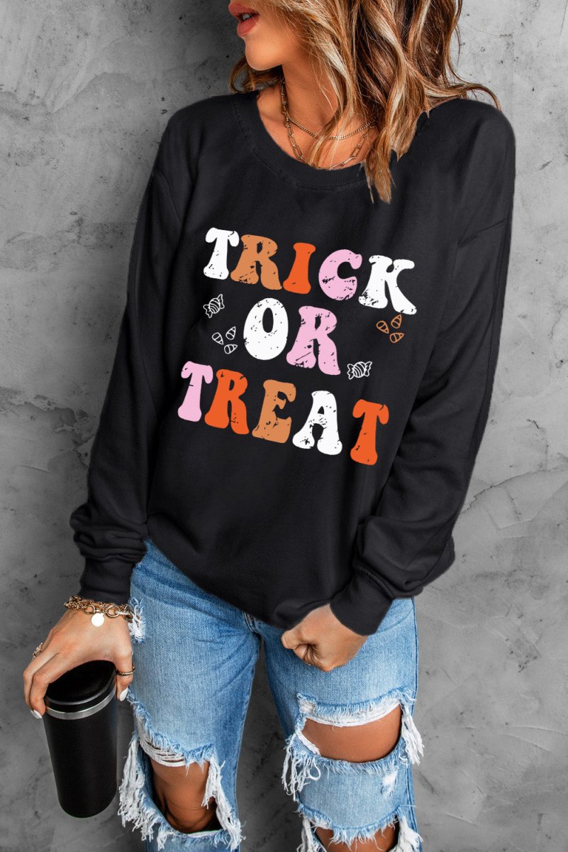 Black Halloween "TRICK OR TREAT" Graphic Sweatshirt - Klazzi Fashion Boutique