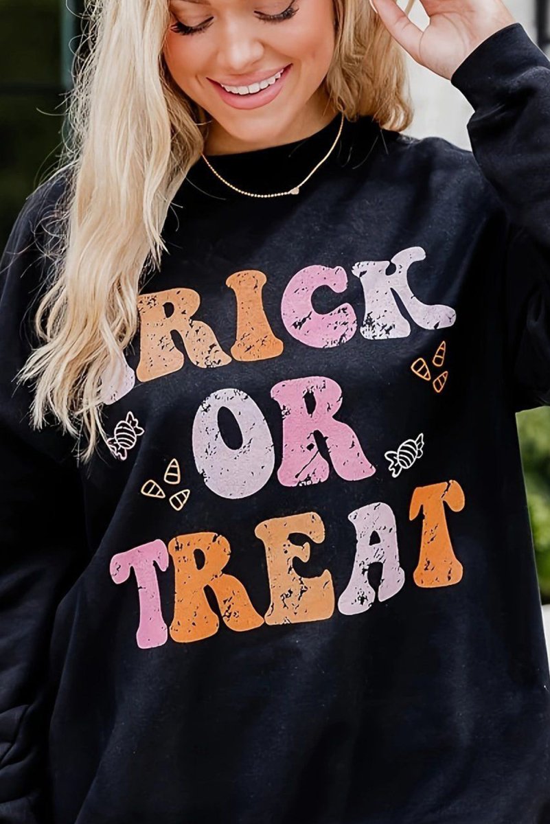 Black Halloween "TRICK OR TREAT" Graphic Sweatshirt - Klazzi Fashion Boutique