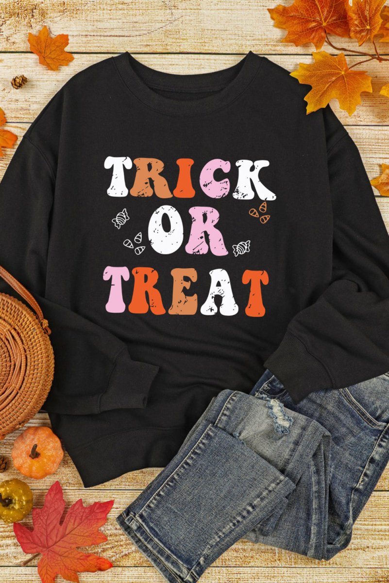 Black Halloween "TRICK OR TREAT" Graphic Sweatshirt - Klazzi Fashion Boutique