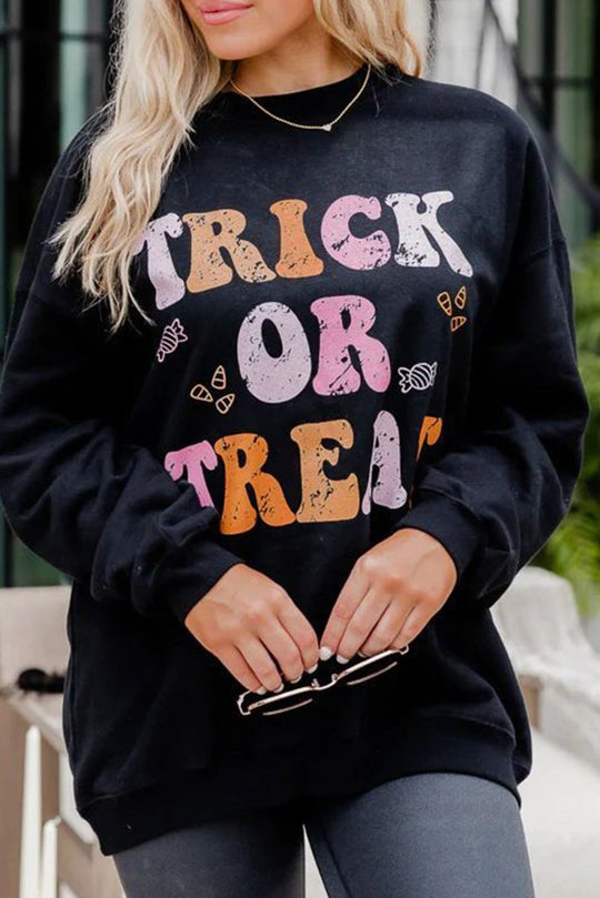 Black Halloween "TRICK OR TREAT" Graphic Sweatshirt - Klazzi Fashion Boutique