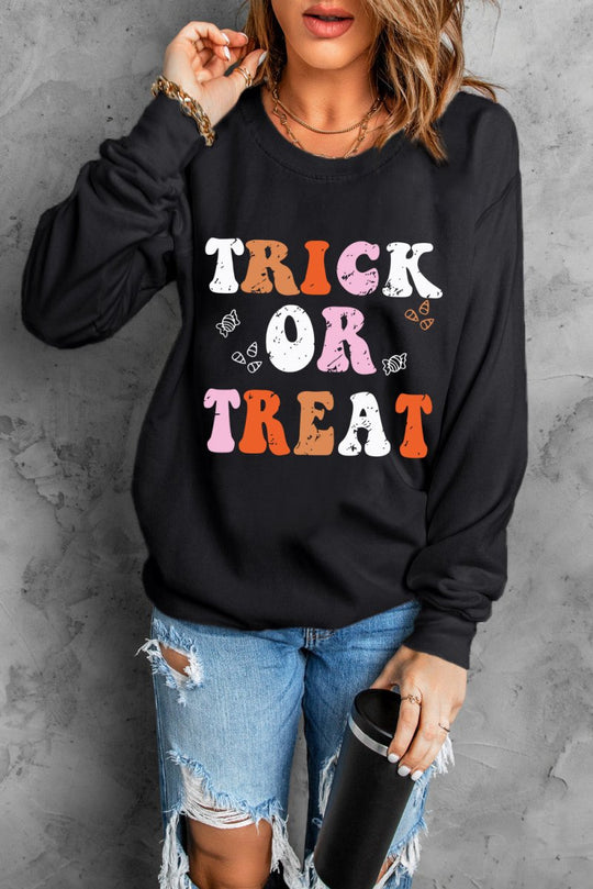 Black Halloween "TRICK OR TREAT" Graphic Sweatshirt - Klazzi Fashion Boutique