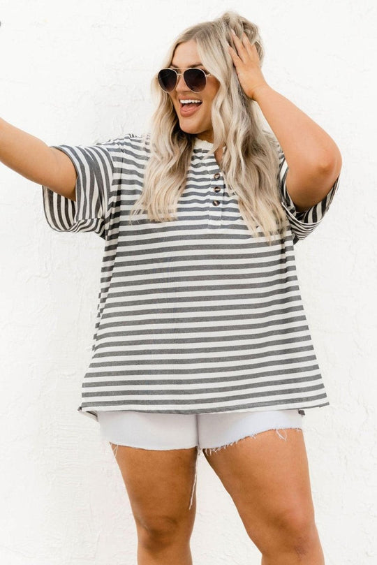 Black Henley Striped Casual Plus Size Shirt - Klazzi Fashion Boutique