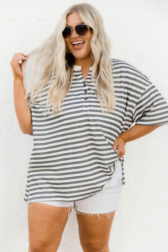 Black Henley Striped Casual Plus Size Shirt - Klazzi Fashion Boutique