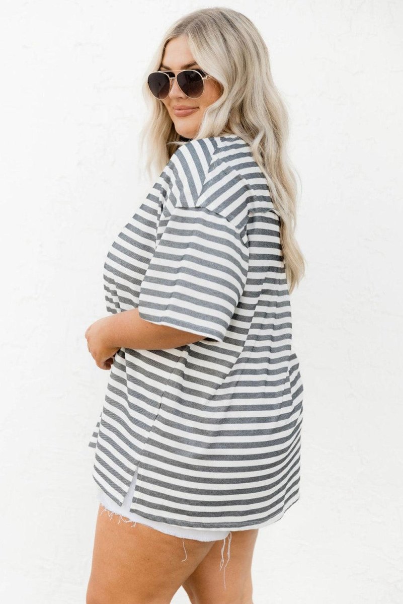 Black Henley Striped Casual Plus Size Shirt - Klazzi Fashion Boutique