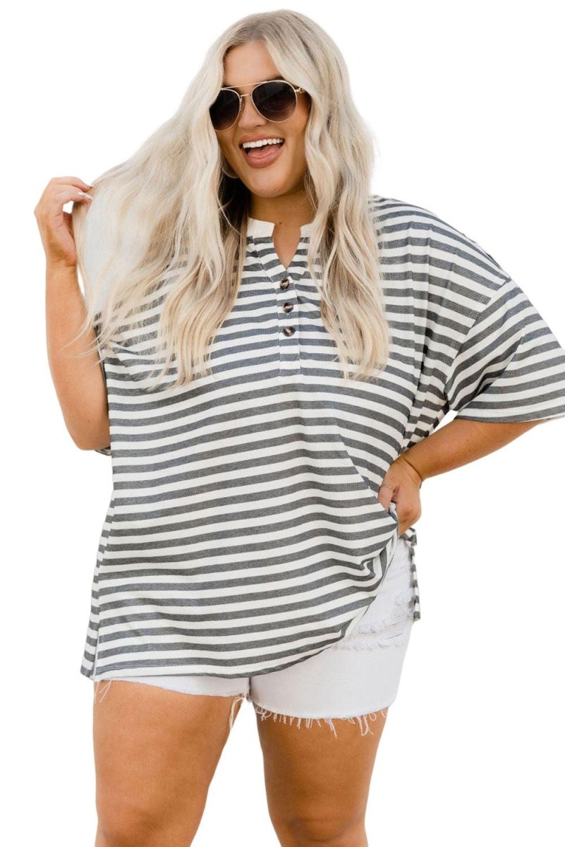 Black Henley Striped Casual Plus Size Shirt - Klazzi Fashion Boutique