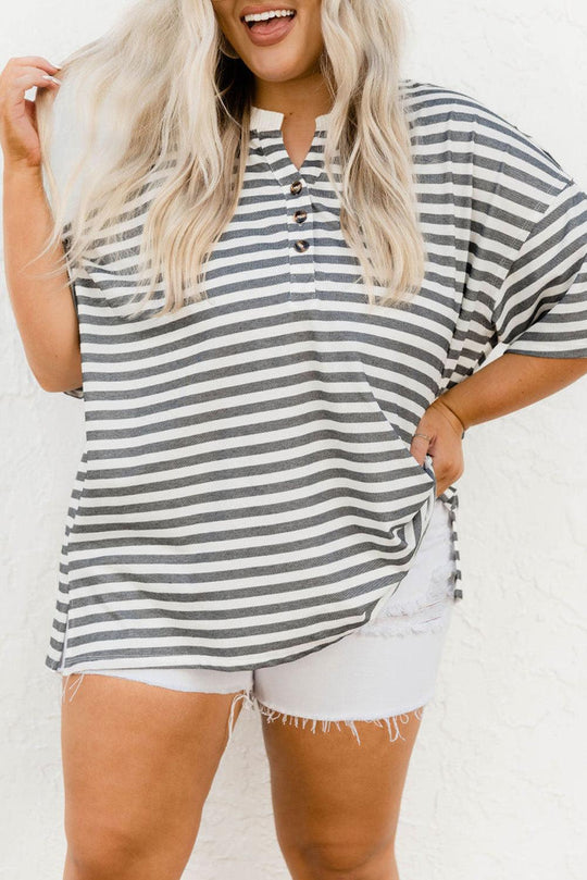 Black Henley Striped Casual Plus Size Shirt