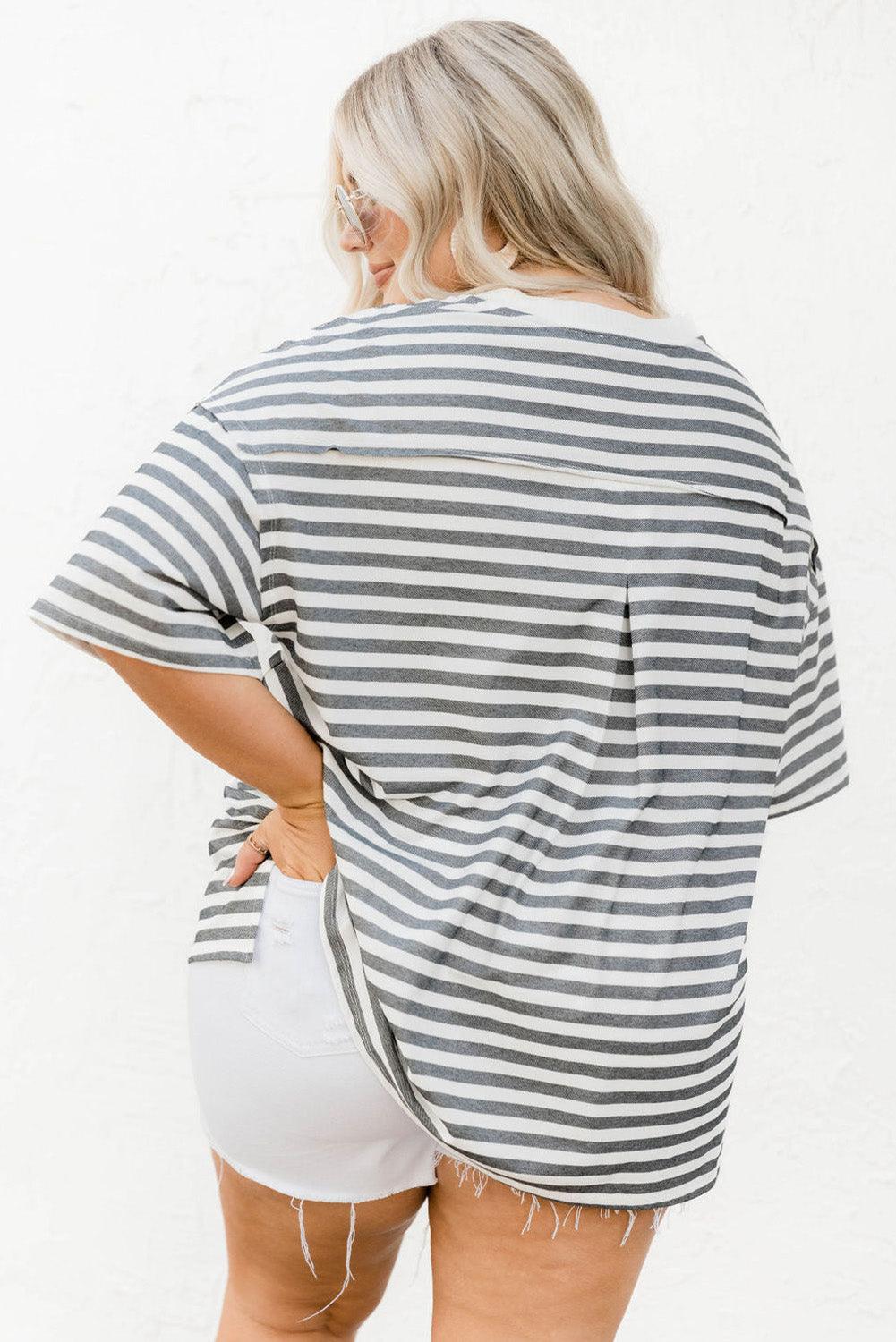 Black Henley Striped Casual Plus Size Shirt