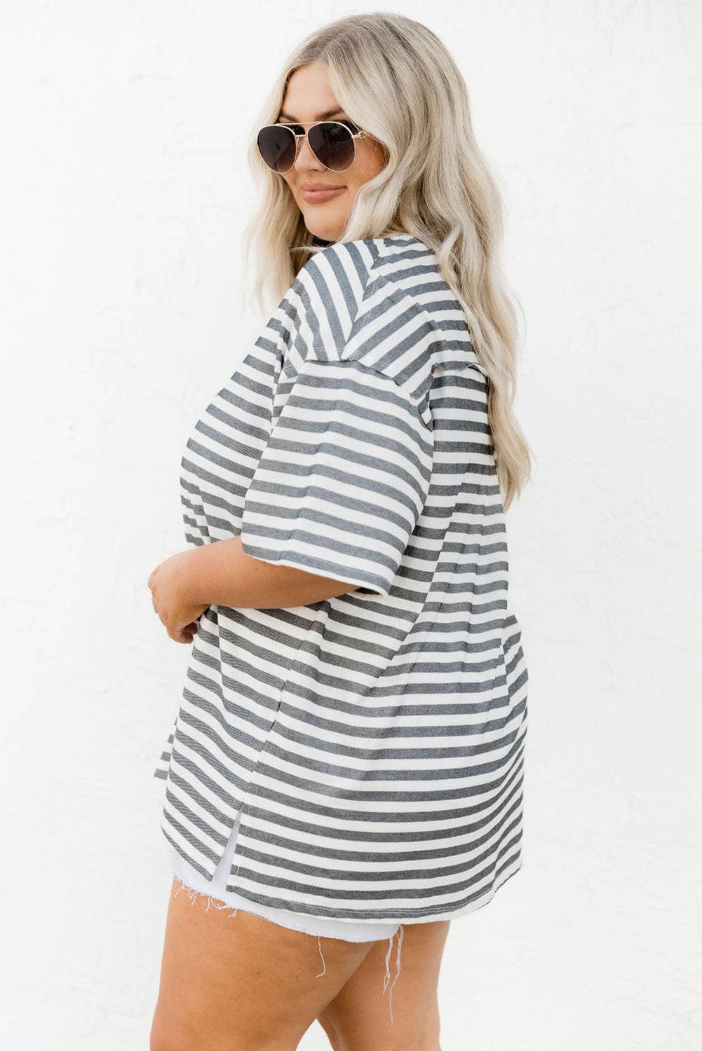 Black Henley Striped Casual Plus Size Shirt