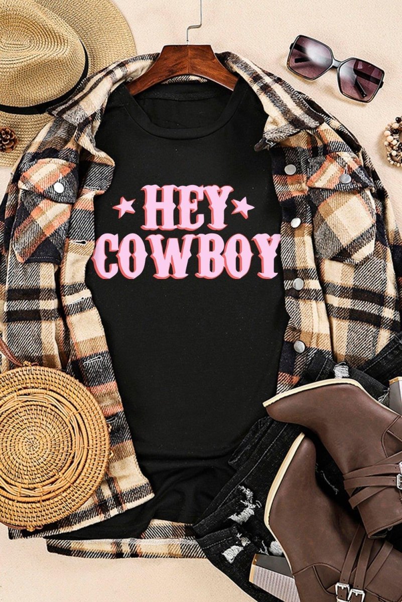 Black "HEY COWBOY" T-Shirt - Klazzi Fashion Boutique