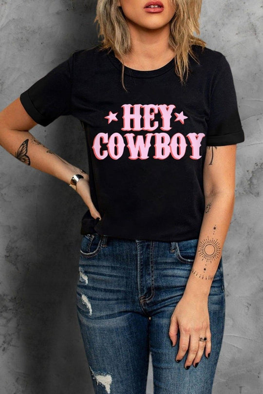 Black "HEY COWBOY" T-Shirt - Klazzi Fashion Boutique