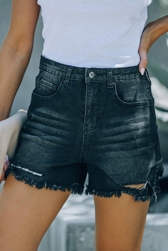 Black High Waist Frayed Denim Shorts - Klazzi Fashion Boutique