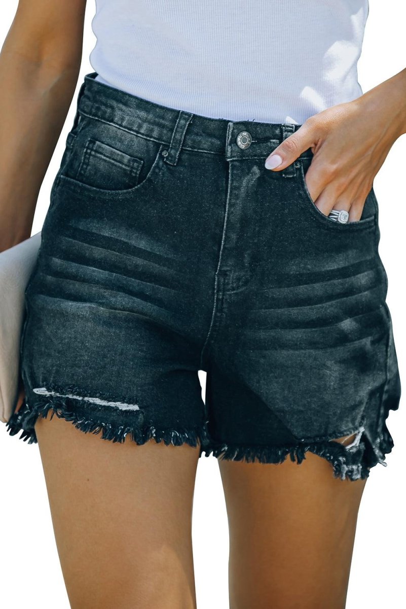 Black High Waist Frayed Denim Shorts - Klazzi Fashion Boutique