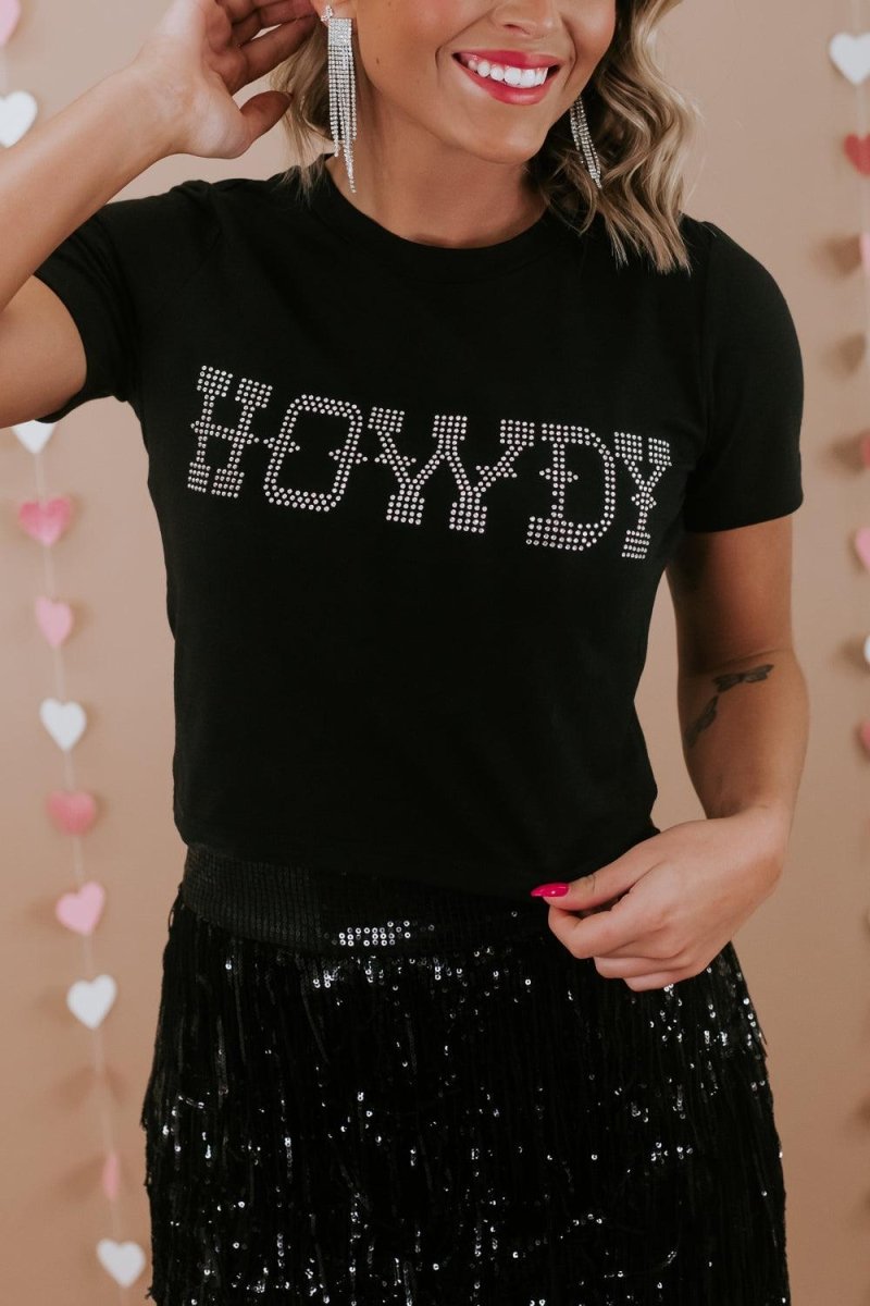 Black "HOWDY" Rhinestone T Shirt - Klazzi Fashion Boutique