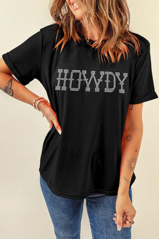 Black "HOWDY" Rhinestone T Shirt - Klazzi Fashion Boutique