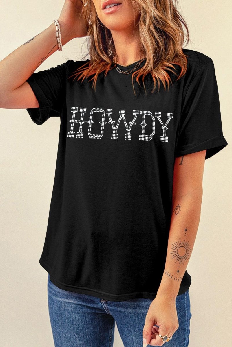 Black "HOWDY" Rhinestone T Shirt - Klazzi Fashion Boutique