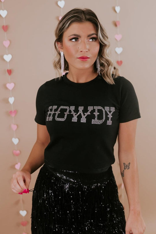 Black "HOWDY" Rhinestone T Shirt - Klazzi Fashion Boutique