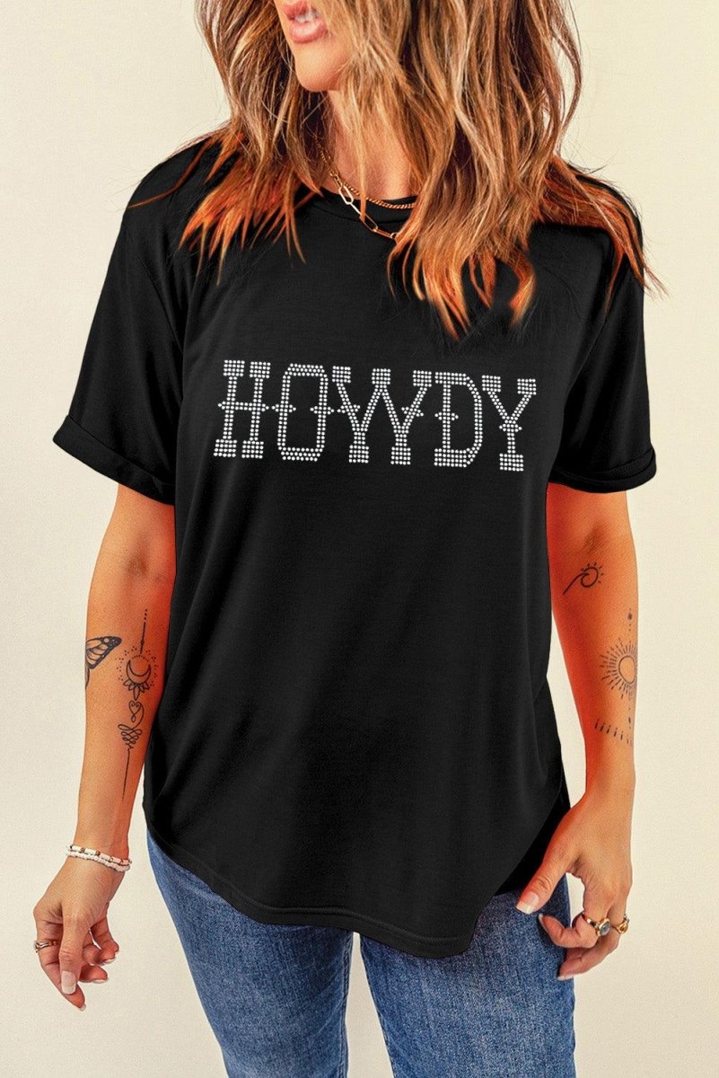 Black "HOWDY" Rhinestone T Shirt - Klazzi Fashion Boutique