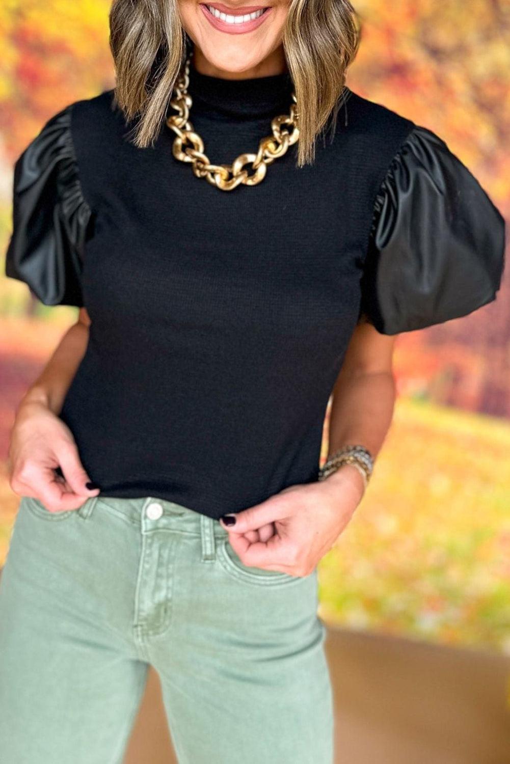 Black Leather Puff Sleeve Blouse