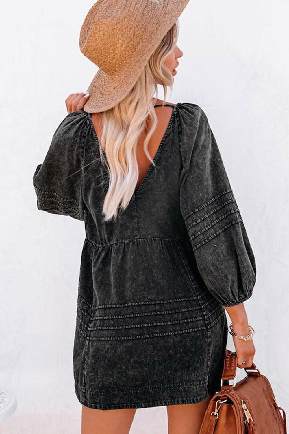 Denim Black Pleated Babydoll Dress