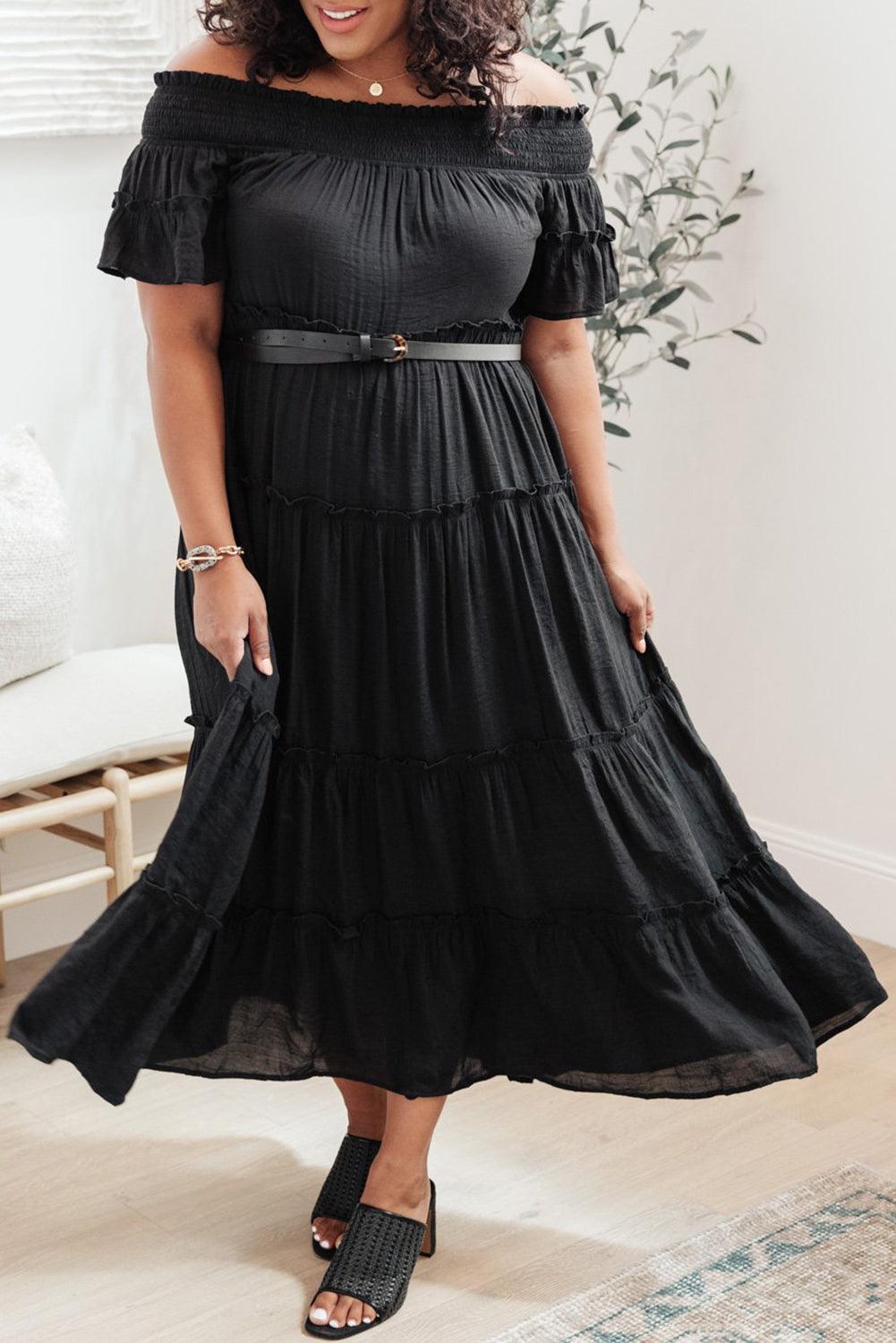 Black Plus Size Off Shoulder Tiered Maxi Dress