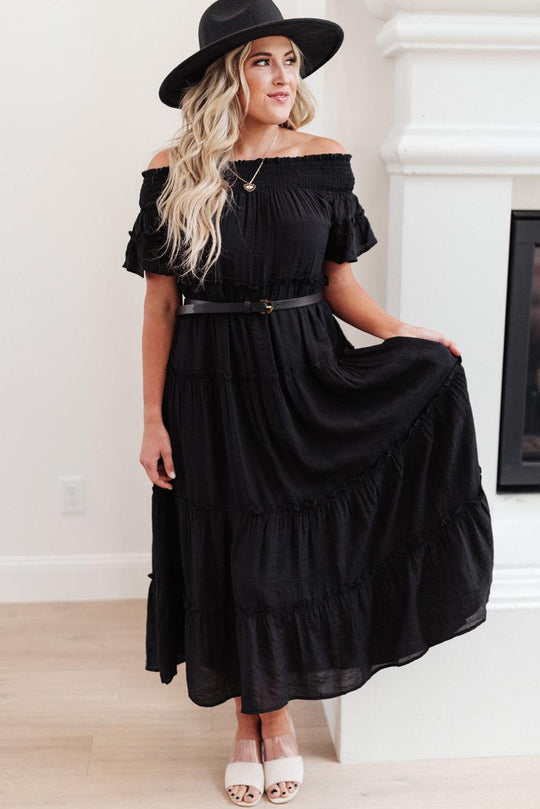 Black Plus Size Off Shoulder Tiered Maxi Dress - Klazzi Fashion Boutique