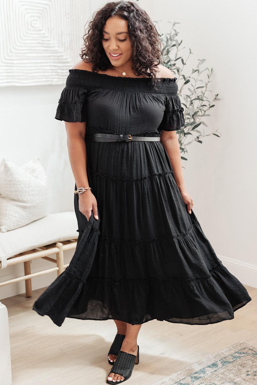 Black Plus Size Off Shoulder Tiered Maxi Dress - Klazzi Fashion Boutique