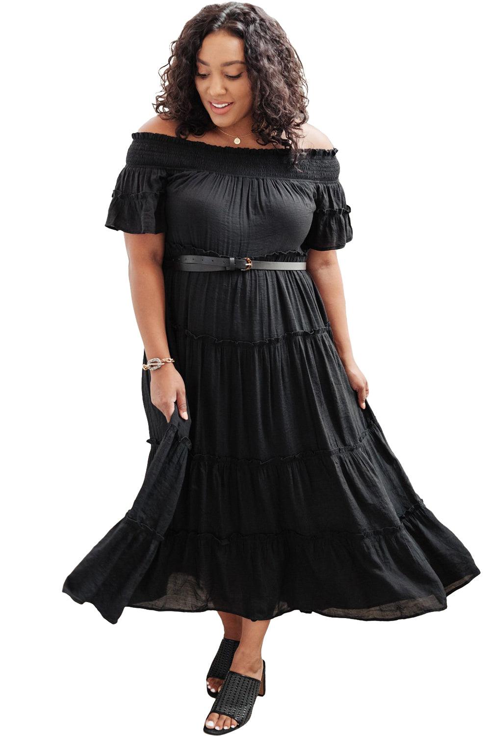 Black Plus Size Off Shoulder Tiered Maxi Dress