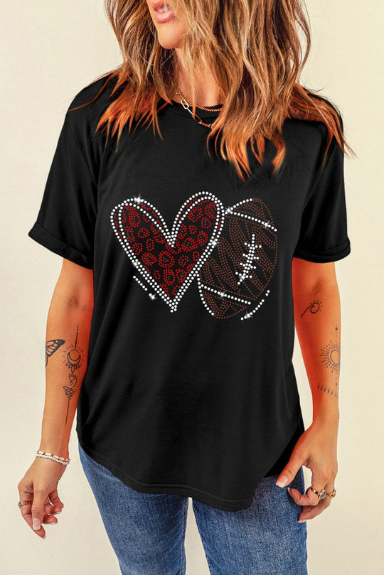 Black Rhinestone Football Heart Shape Graphic T Shirt - Klazzi Fashion Boutique