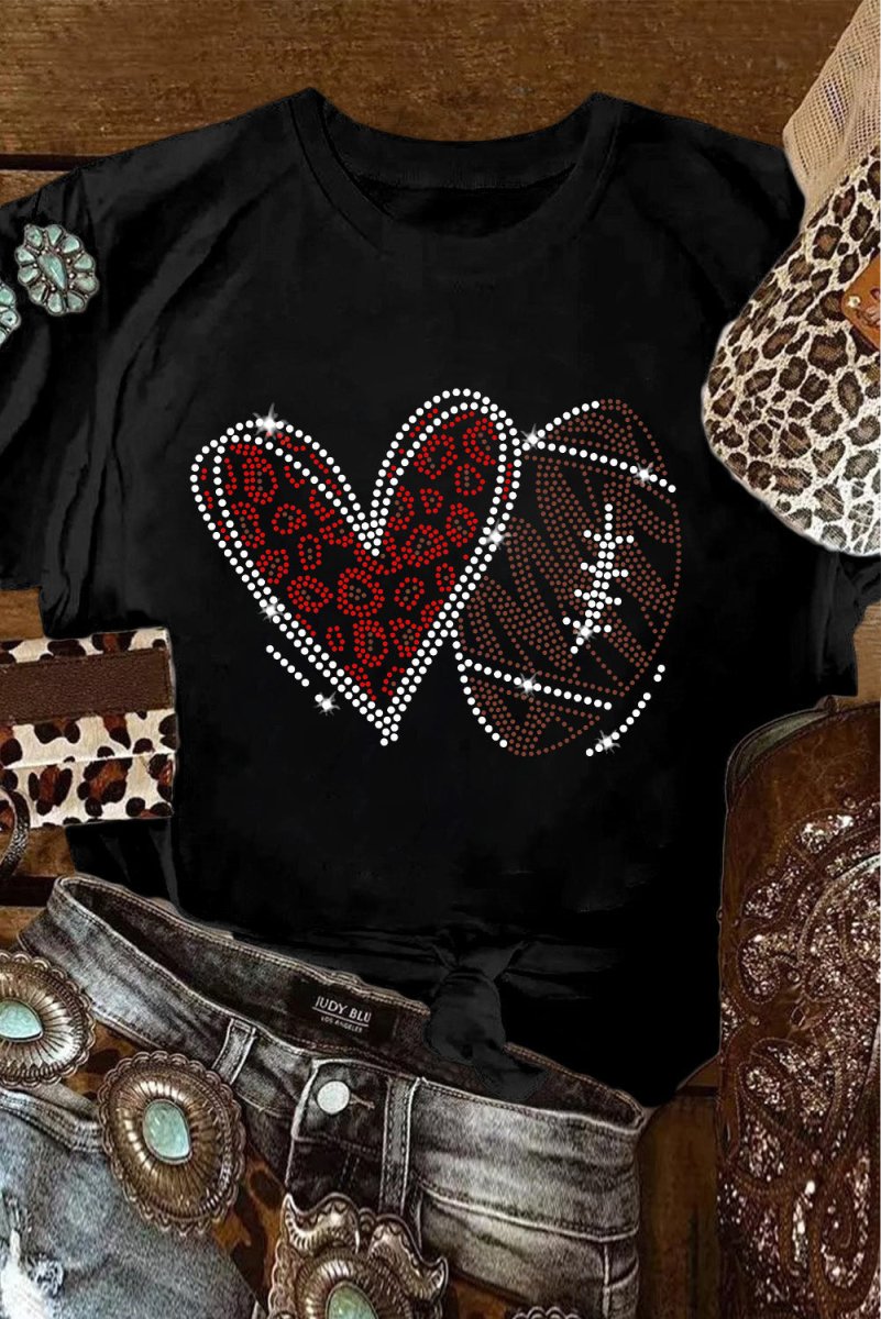 Black Rhinestone Football Heart Shape Graphic T Shirt - Klazzi Fashion Boutique