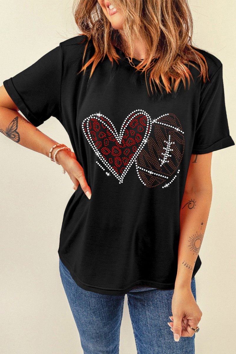 Black Rhinestone Football Heart Shape Graphic T Shirt - Klazzi Fashion Boutique