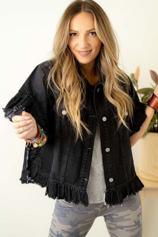 Black Ruffled Short Sleeve Denim Jacket - Klazzi Fashion Boutique