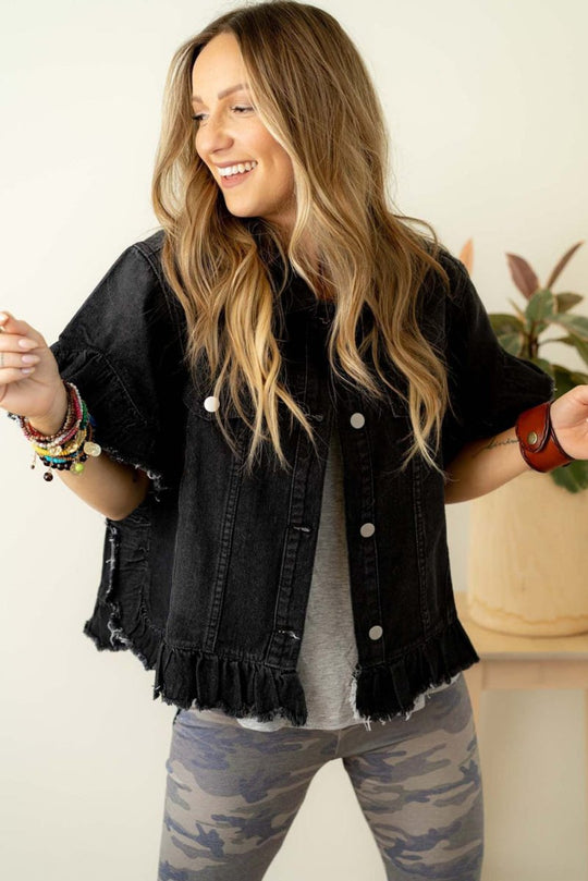 Black Ruffled Short Sleeve Denim Jacket - Klazzi Fashion Boutique