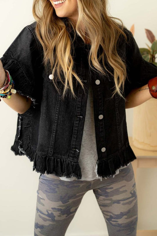 Black Ruffled Short Sleeve Denim Jacket - Klazzi Fashion Boutique