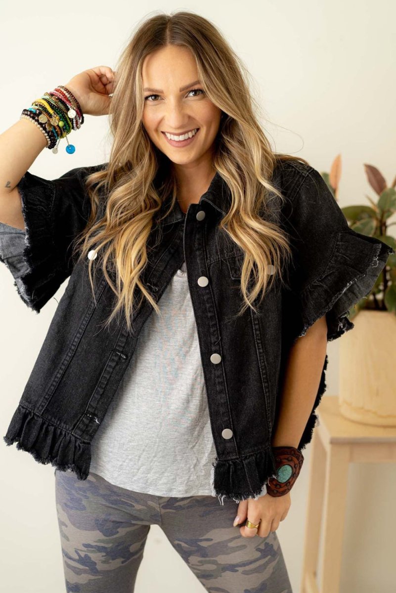 Black Ruffled Short Sleeve Denim Jacket - Klazzi Fashion Boutique