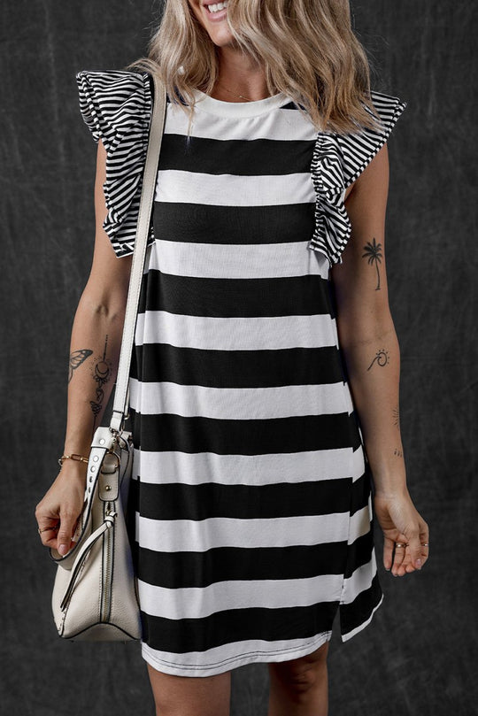 Black Ruffled Stripe T-shirt Dress - Klazzi Fashion Boutique