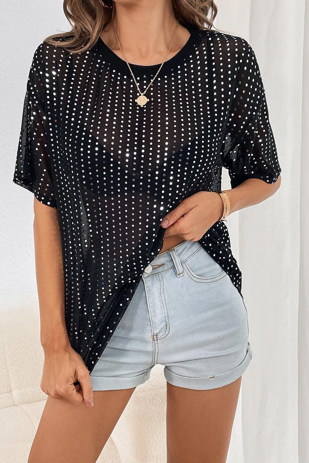 Sheer Sassy Sparkle Black Drop Shoulder T-shirt