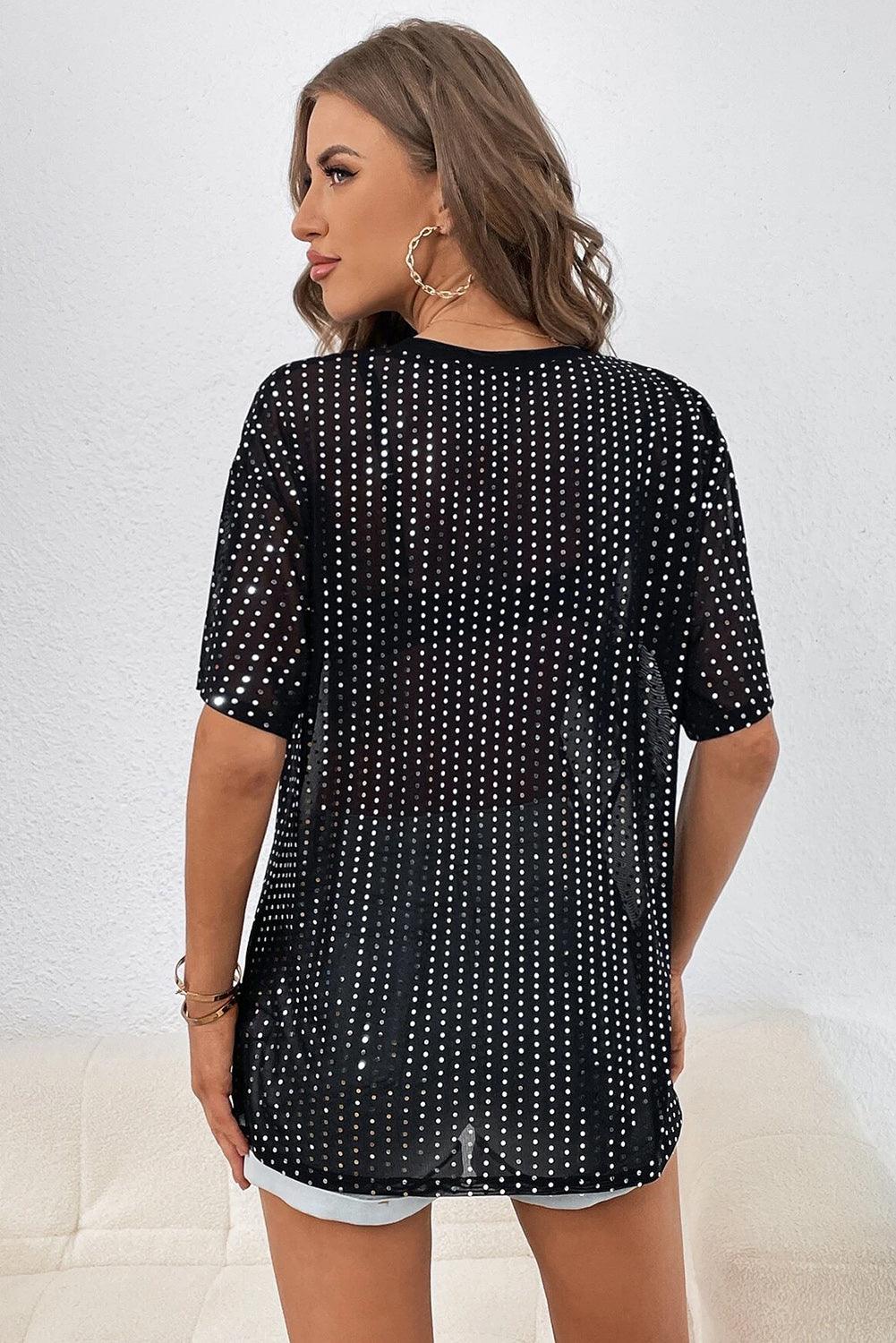 Sheer Sassy Sparkle Black Drop Shoulder T-shirt